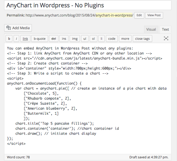 anychart in wordpress - no plugins - source