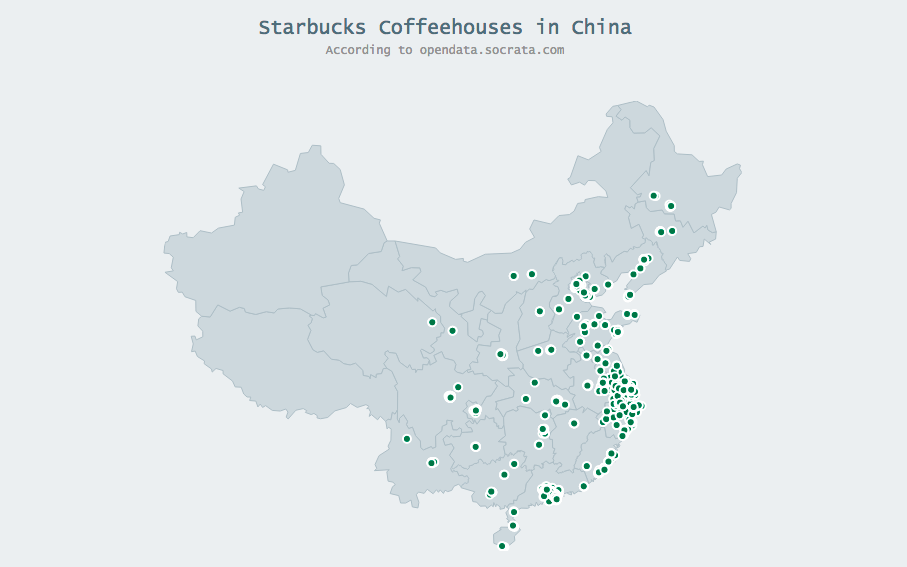 Dot map (Point map) of Starbucks coffehouses in China for geovisualization based data distribution analysis