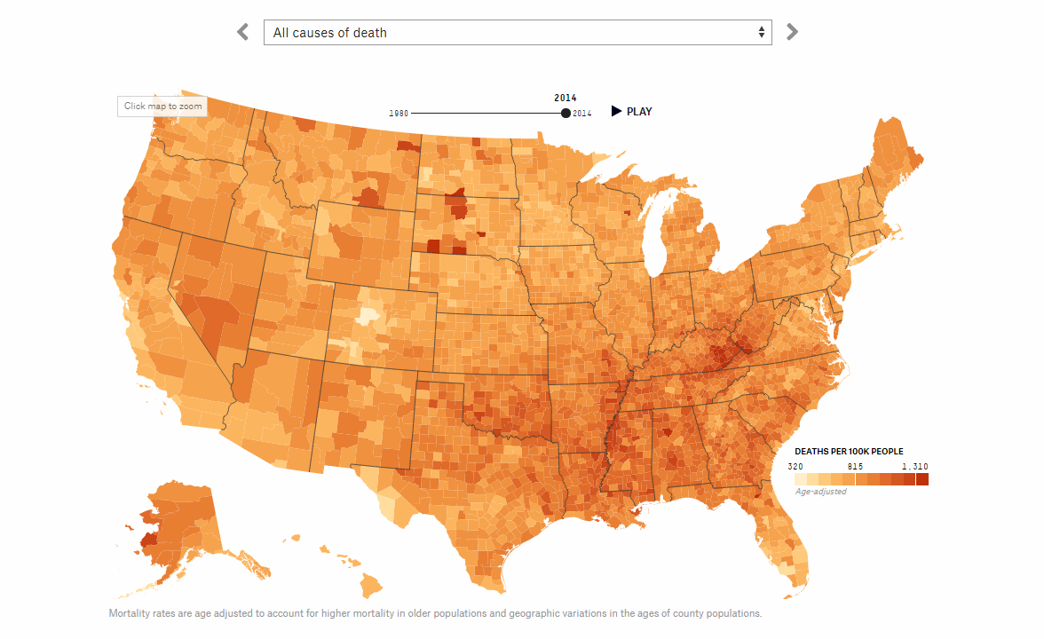 Mortality Rates for Leading Causes of Death in US Counties in 1980-2014