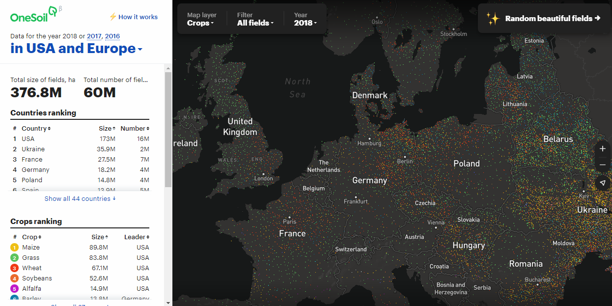 Map of AI Detected Fields and Crops in Europe and U.S.