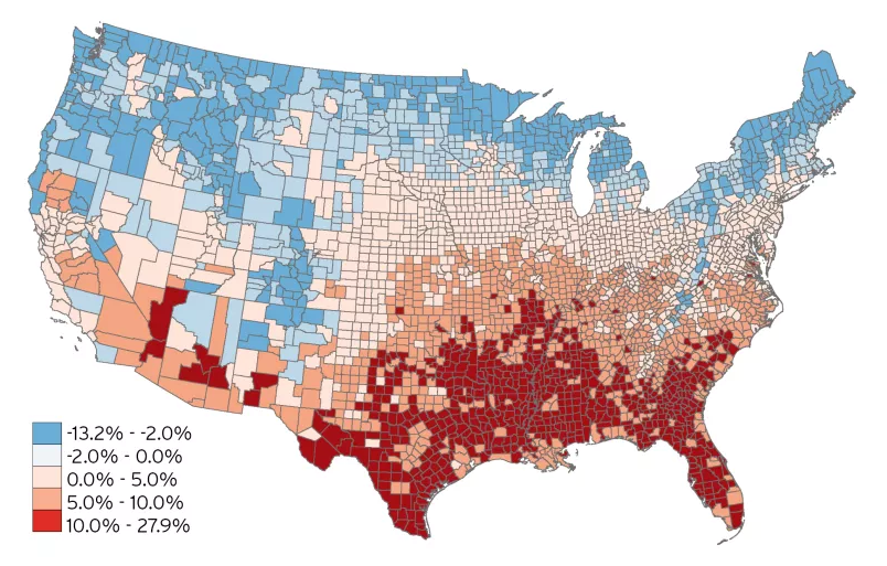 The Brookings Institution visualizes expected economic damage from climate change in the United States and looks at political geography