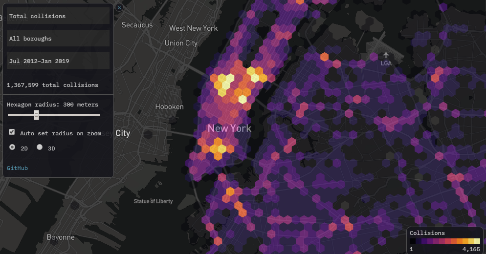 Map visualization of motor vehicle collisions in NYC, by Todd W. Schneider