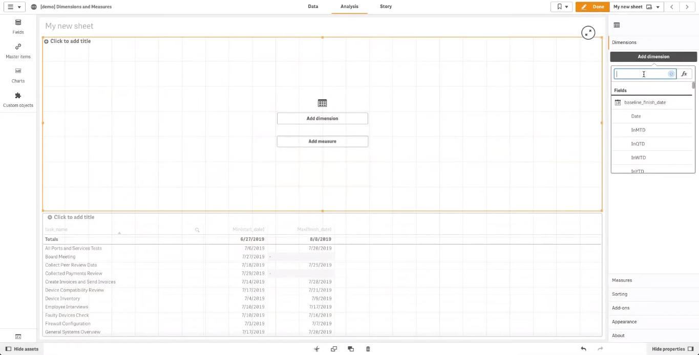 How to use AnyGantt extension to add dimensions and measures to create Project Gantt charts