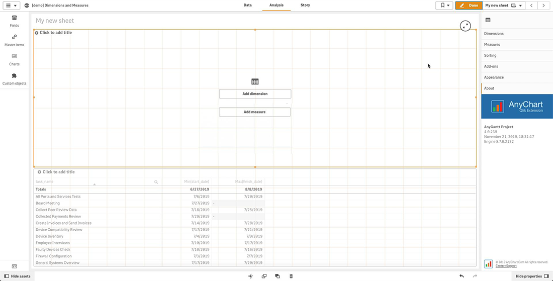 How to use AnyGantt extension to add dimensions and measures to create Project Gantt charts