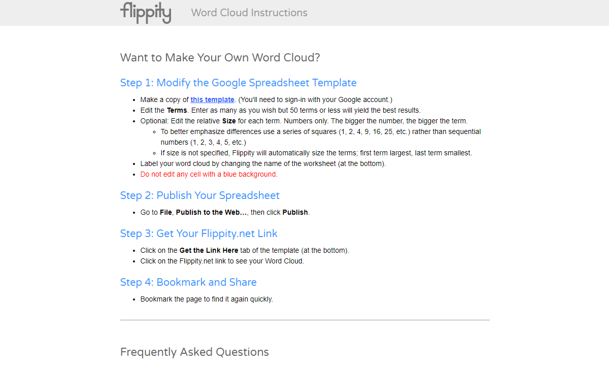 Instructions on how to create a word or tag cloud from a Google spreadsheet using Flippity