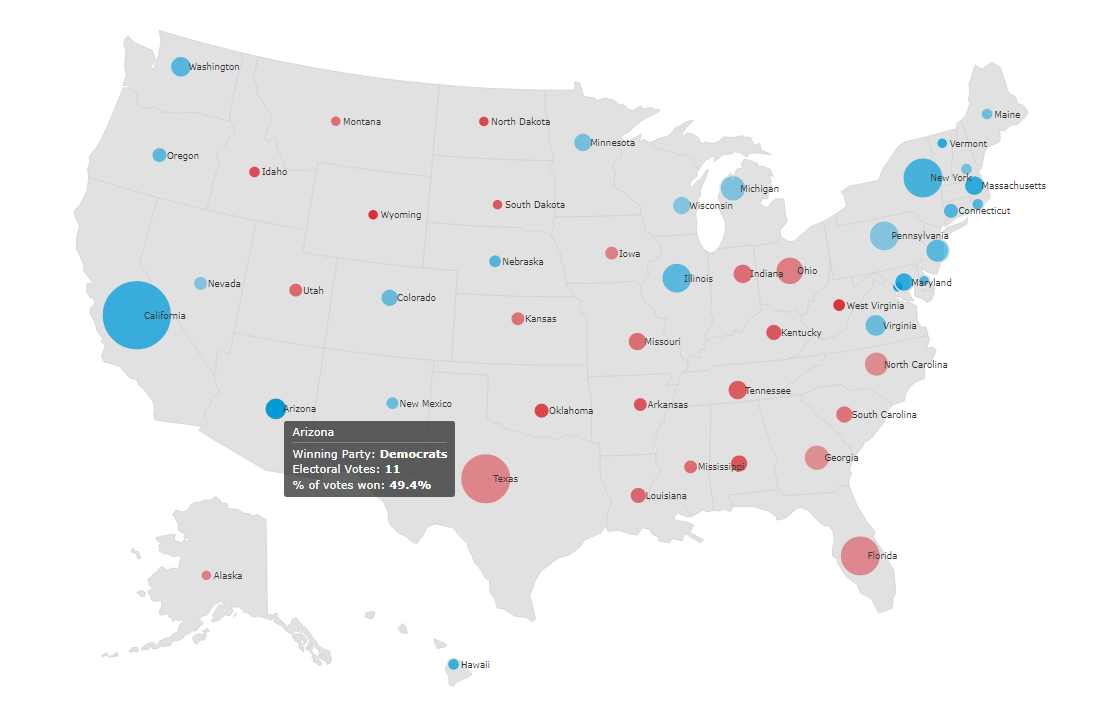 Bubble Map created with JavaScript visualizing election results