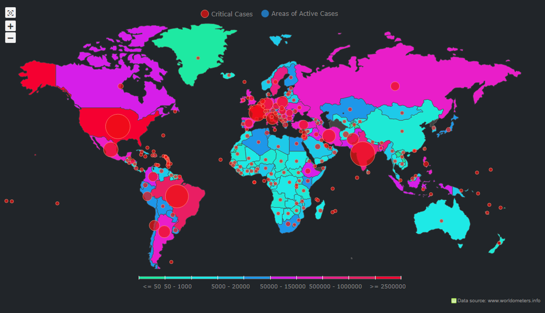 Main global data map, combining choropleth and bubble map visualizations, in the Covid dashboard tracker