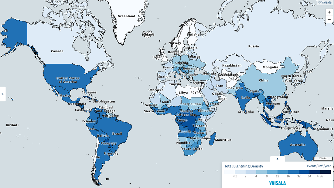 Lightning Stroke Density Worldwide