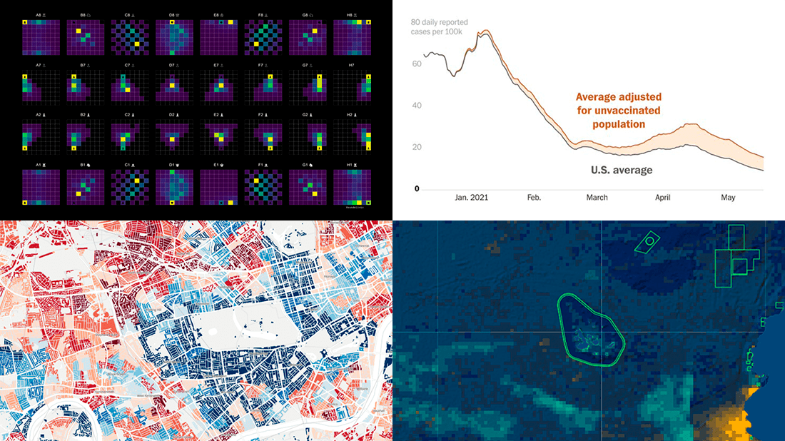 A DataViz Weekly roundup of new projects visualizing data on COVID, deprivation, chess, fishing