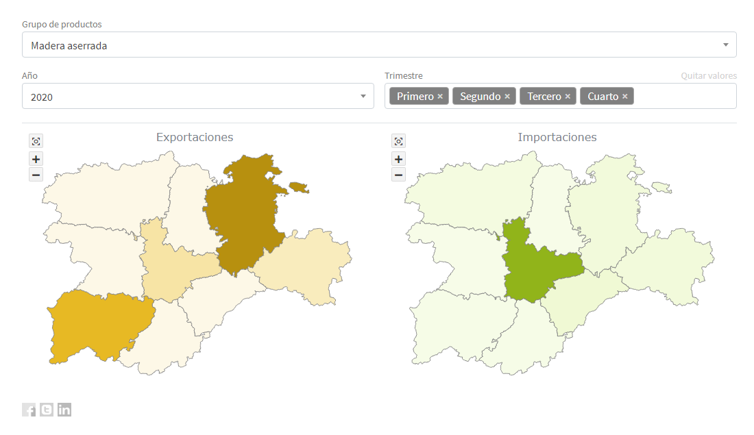 Choropleth maps visualizing forestry data in the Nemus information system by Cesefor