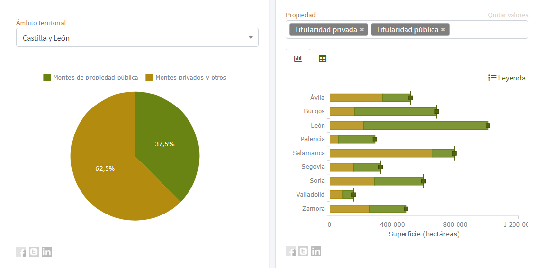 Pie charts and stacked bar charts visualizing forestry data in the Nemus information system by Cesefor