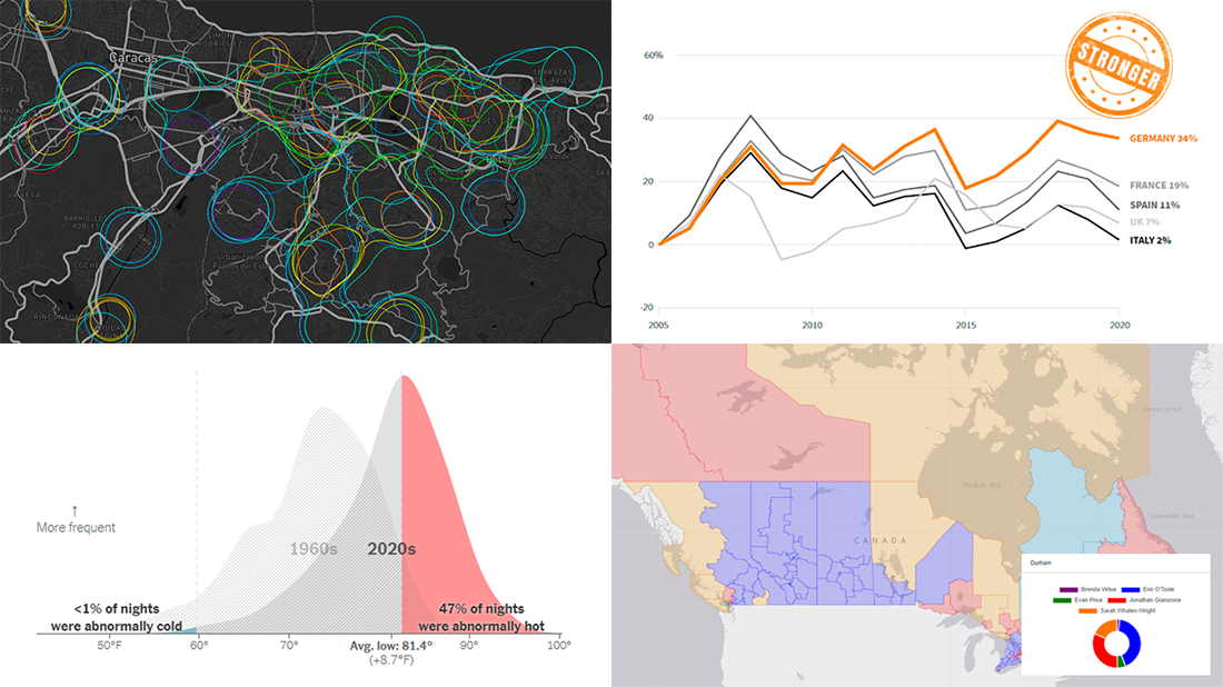 Canadian Elections, Germany Under Merkel, Caracas Sounds, Night Temperatures in U.S. Cities, in Weekly Curated Data Visualizations