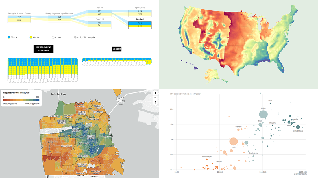 Excellent New Visualizations on Vaccination Rates, Air Temperatures, Unemployment Benefits, Political Leanings | DataViz Weekly