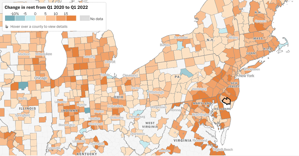 Housing Rents Across U.S. from Q1 2021 to Q1 2022