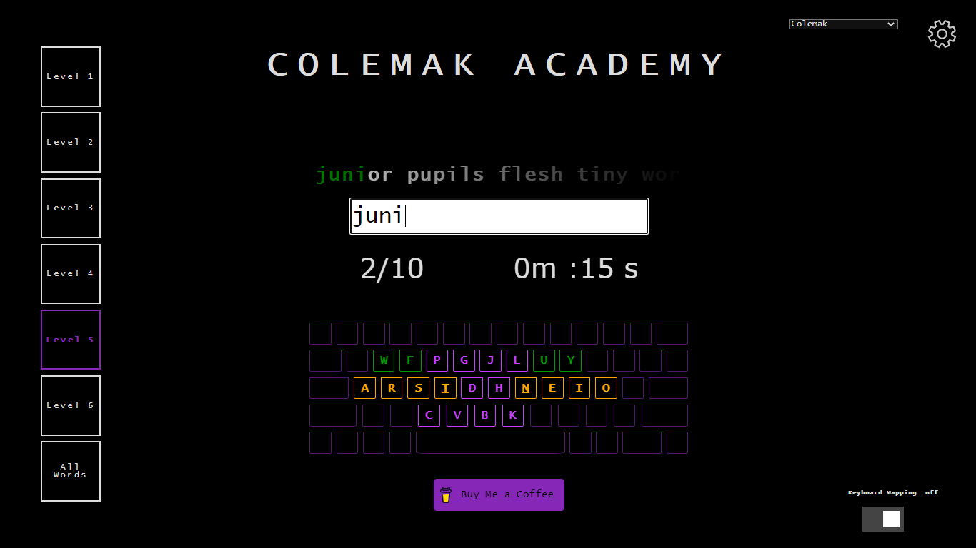 Colemak academy main test screen