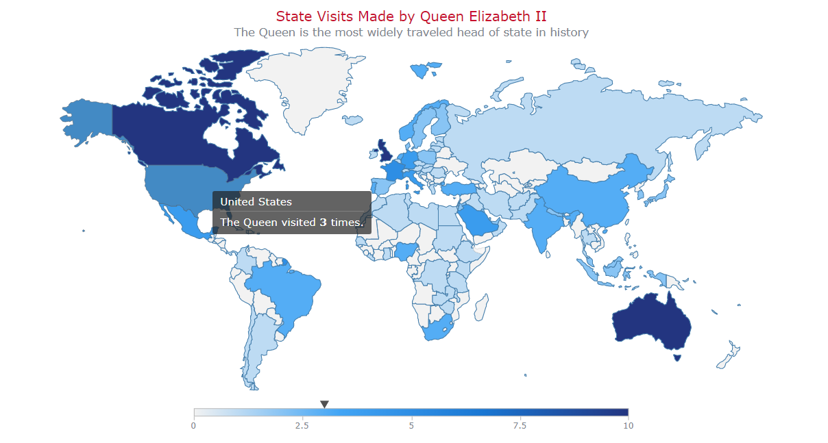 JS-based choropleth map to showcase Queen Elizabeth II's state visits around the world