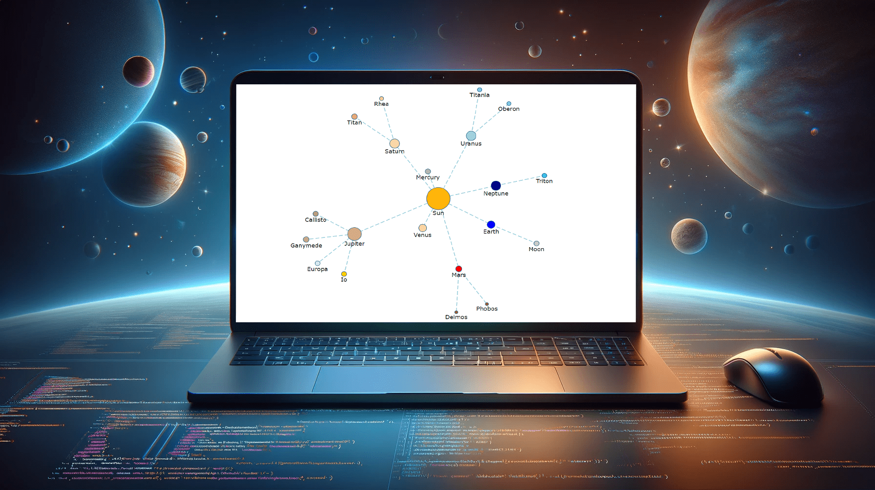Network Graph based on JavaScript visualizing our Solar System network for the tutorial