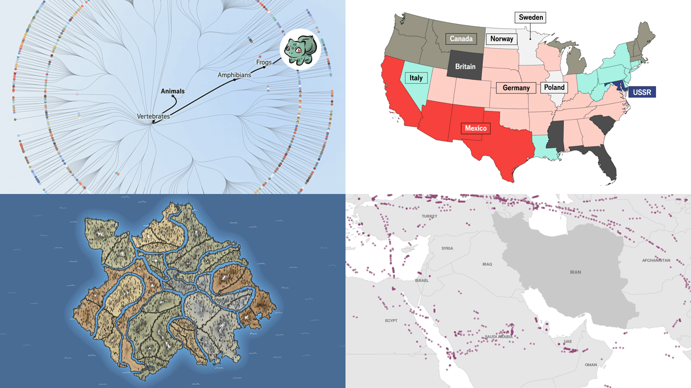 Screenshots of Projects Visualizing Data on Iran Crisis, Pokémon Taxonomy, U.S. Immigration, Human Happiness
