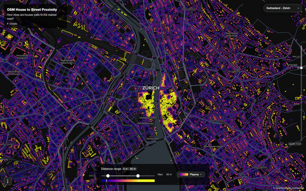 Buildings colored by distance to nearest road — Benjamin Lozes