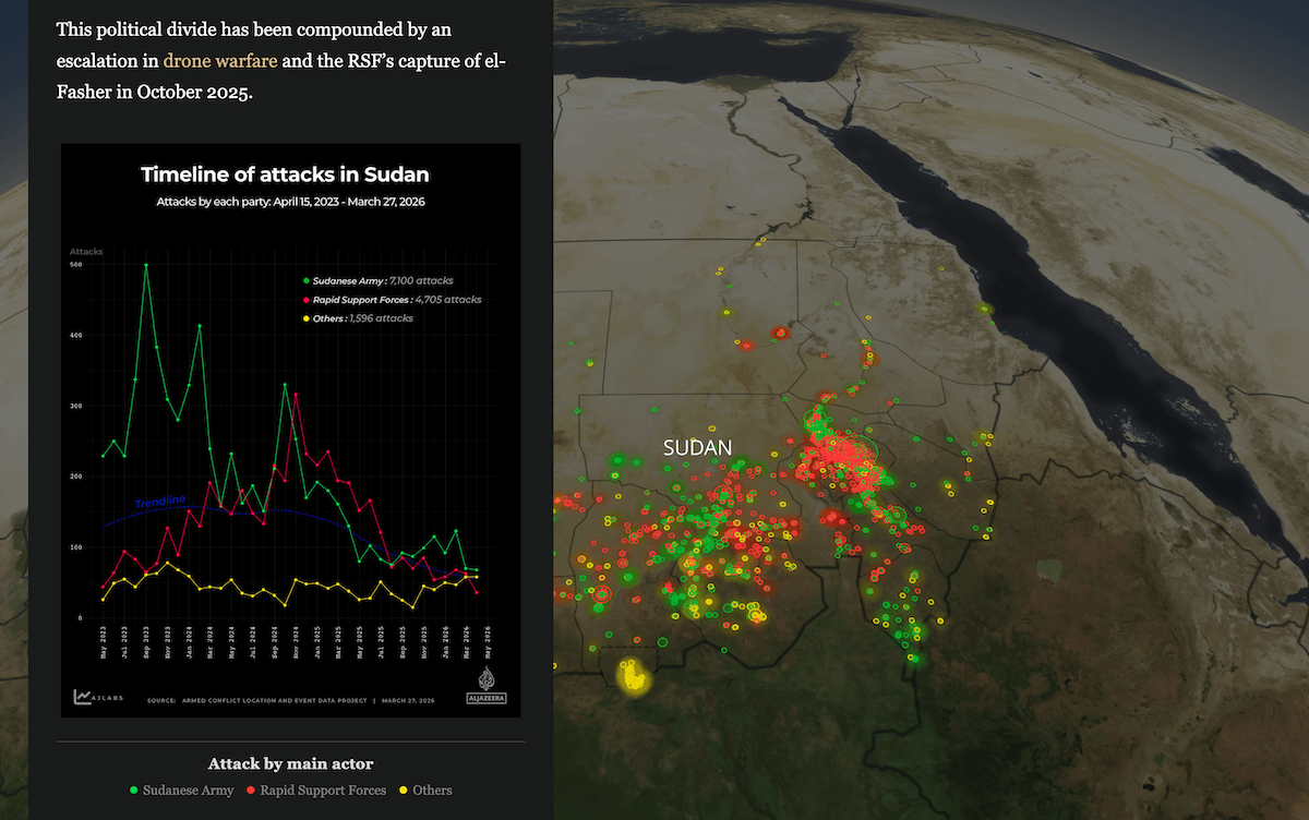 3D dot map of recorded attacks across Sudan over three years of civil war — Al Jazeera