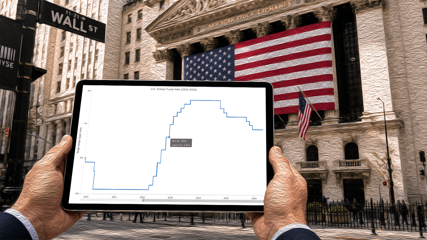 A tablet displaying an interactive JavaScript step line chart outside the New York Stock Exchange on Wall Street