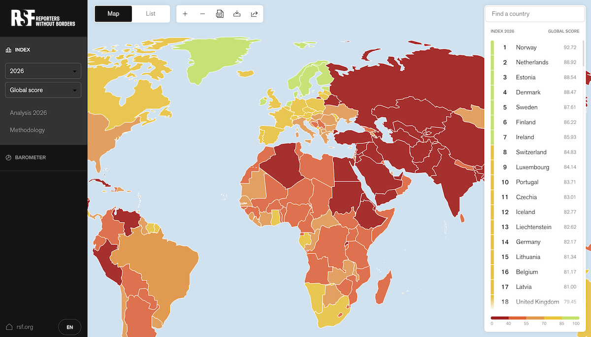 Screenshot of the 2026 RSF World Press Freedom Index choropleth map showing press freedom scores across 180 countries